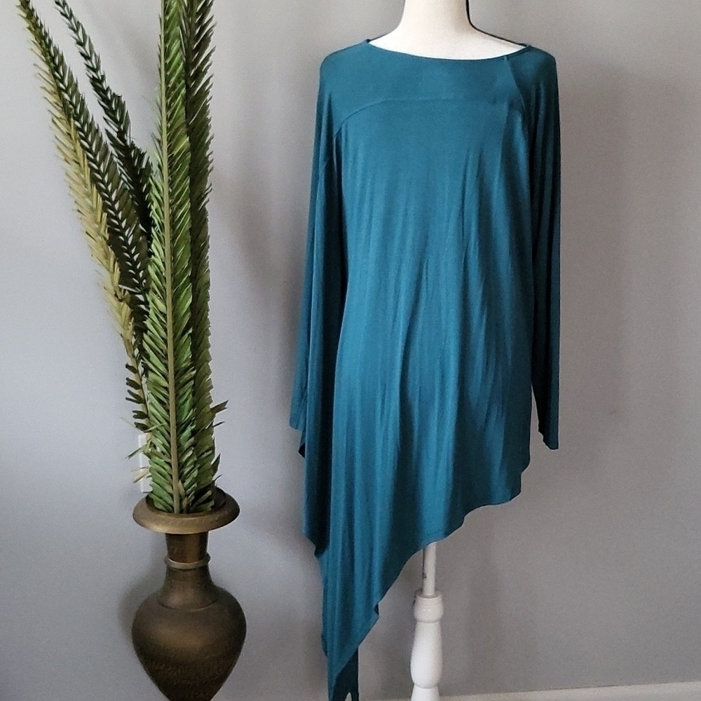 Roaman's asymmetrical teal tunic with dramatic sleeve NWT - Picture 3 of 12